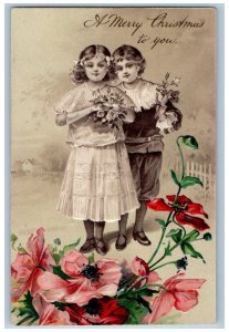 PFB Christmas Postcard Children With Flowers Horseshoe Embossed c1910's Antique