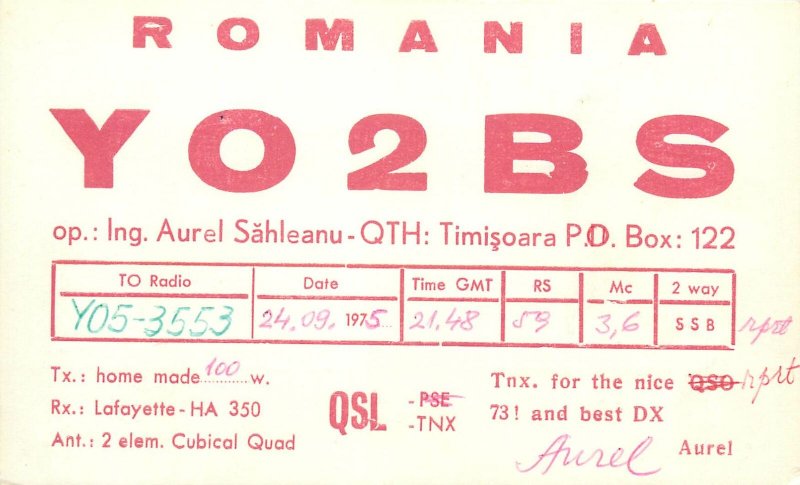 Radio Amateur Station QSL card Romania Timisoara YO2BS