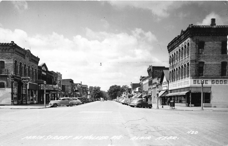 F53/ Blair Nebraska RPPC Postcard c1940s Main Street Blue Goose Store