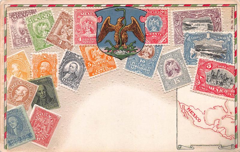 Mexico, Classic Stamps in Actual Colors, Early Embossed Postcard, Used in 1909