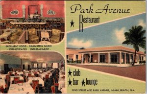 Vintage MIAMI BEACH, Florida Postcard PARK AVENUE RESTAURANT Linen JD1