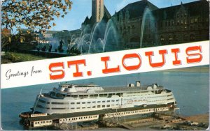 Postcard MO St. Louis -Greetings - Union Station and S.S. Admiral