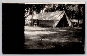 RPPC Family Camping Scene Large Tent on Plank Deck Log Supports Postcard M38