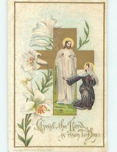 Pre-Linen easter religious WOMAN KNEELS BEFORE JESUS CHRIST BY THE CROSS hr2450