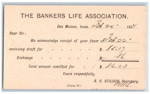 Des Moines Iowa IA Creston IA Postal Card Bankers Life Assn. AC Stilson 1894