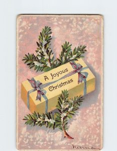 Postcard A Joyous Christmas with Gift Box Hollies Embossed Art Print