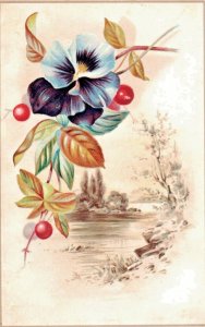 c.1880s Victorian Trade Card Lovely Flowers Berries Lake Scene