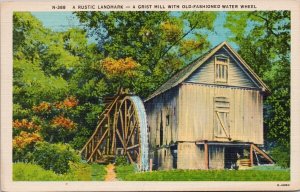Grist Mill with Water Wheel Rustic Landmark American South Linen Postcard H25