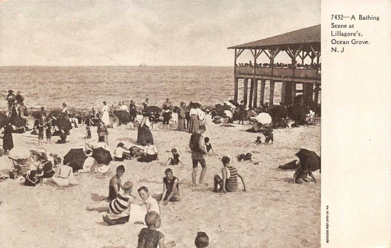 OCEAN GROVE, New Jersey  BATHING SCENE-LILLAGORE'S BEACH  c1900's UDB  Postcard