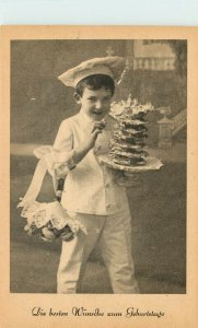 Vintage German Birthday Postcard; Little Boy Baker brings Fancy Sweets, Pastry