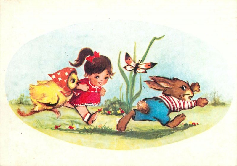 Postcard Greetings Romania fantasy child run butterfly rabbit chicken nature