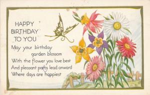 Happy Birthday Greetings Garden Flowers and Butterfly DPO Gardenville NY 1940 DB