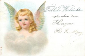 Christmas greetings 1901 postcard cherub angel head chromo litho Switzerland