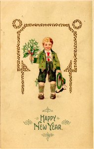 Happy New Year - Little Swiss Boy holding Holly - Gold Filigree - Embossed -1913