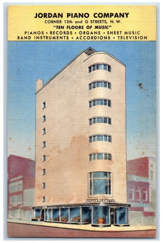 c1940 Jordan Piano Company Ten Floors Music Road Streets Washington DC Postcard