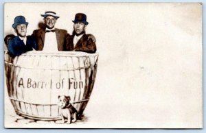 1907-1918 ERA RPPC STUDIO PHOTO BARREL OF FUN 3 MEN DOG AZO UNUSED