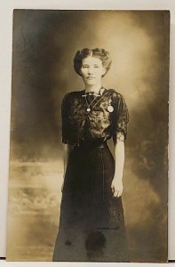 RPPC Victorian Woman Lovely Black Lace Blouse and Embroidered Skirt Postcard H15