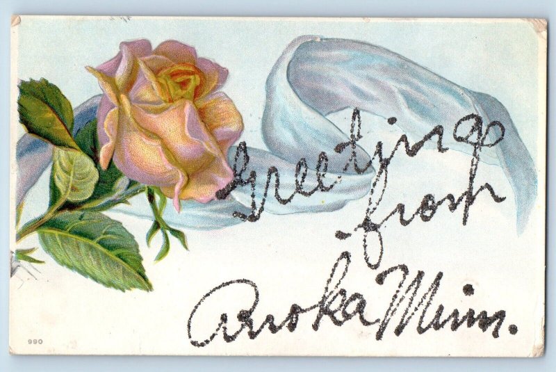 Anoka Minnesota Postcard Greetings Roses Embossed Glitter c1910 Vintage Antique