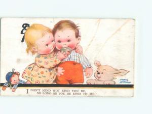 Pre-Linen signed DOG WATCHES CUTE GIRL GIVE BOY AND APPLE J4728