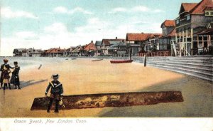 NEW LONDON Connecticut CT ~OCEAN BEACH Cottages~Boy In Sailor Suit 1907 Postcard