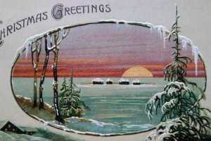 Christmas Greetings Oval Winter Sunrise Postcard Embossed Germany Unused