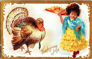Vintage Spanish Flamenco Dance Cute Little Girl & Turkey Thanksgiving Postcard