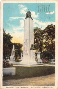 F4/ Richmond Virginia Postcard c1910 President Tyler's Monument Hollywood