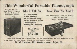 Joliet IL Portable Phonograph $37.50 DM HUGHES Advert Postcard