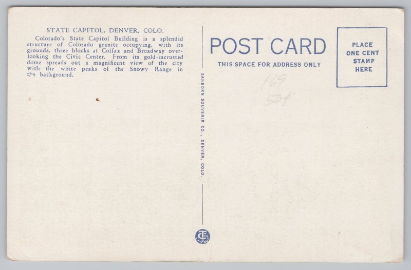 Denver CO~State Capitol Building~Lamppost~US Flag~Sanborn Vintage Postcard