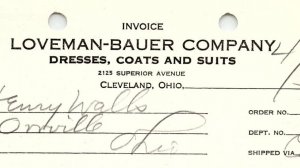 1938 LOVEMAN-BAUER CO. CLEVELAND OH DRESSES COATS SUITS BILLHEAD INVOICE Z1179