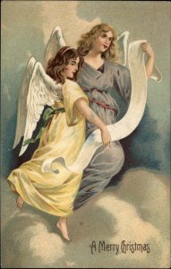 Christmas Pretty Young Girl Angels Among Clouds c1910 Vintage Postcard