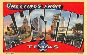 Texas AUSTIN Large Letter Greetings Travis County c1940s Linen Vintage Postcard