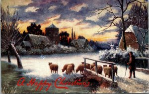 Vtg Happy Christmas Winter Sunset Sheep Herder Raphael Tuck Oilette Postcard