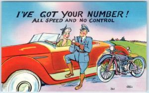 RISQUE Sexy Blond Red Convertible MOTORCYCLE COP All Speed No Control Postcard