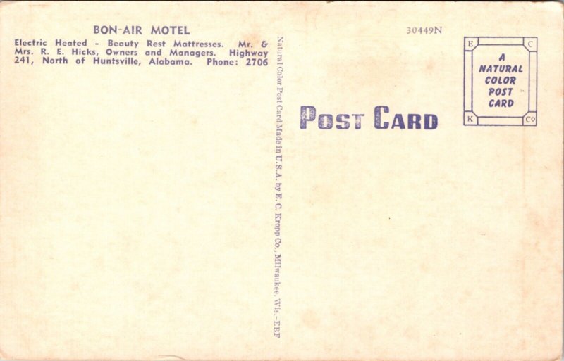 Linen Postcard Bon-Air Motel Highway 241 near Huntsville, Alabama