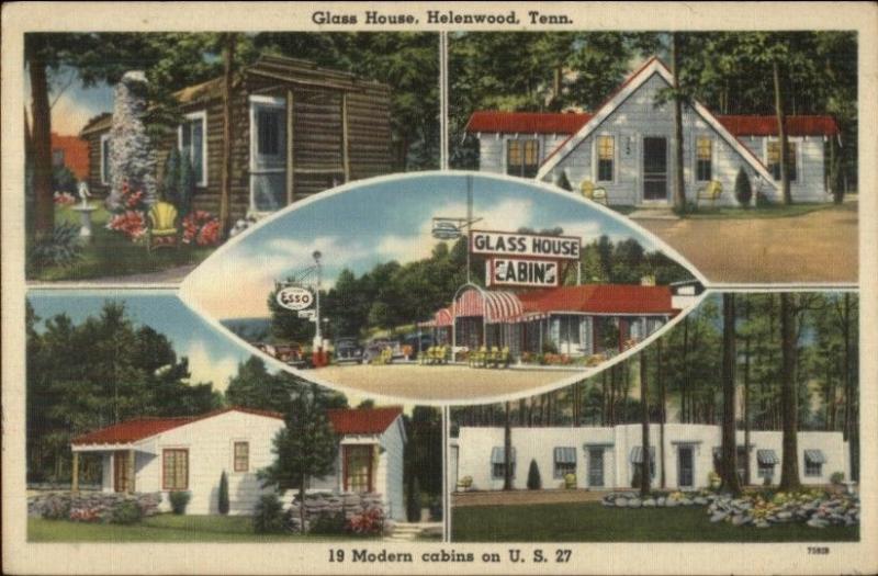 Helenwood TN Glass House Cabin LInen Postcard rpx