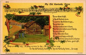 Vtg 1930s My Old Kentucky Home Song Lyrics Cabin Linen Postcard