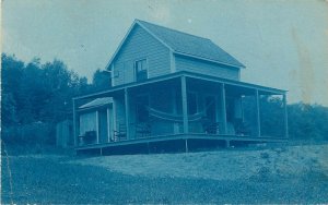 1907 Cyanotype RPPC House w/ Rocking Chairs & Hammock on Porch, New York State