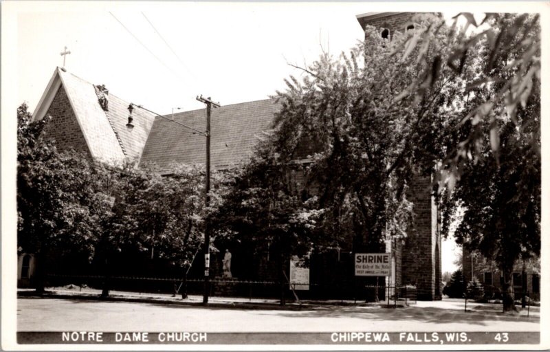 Real Photo Postcard Notre Dame Church in Chippewa Falls, Wisconsin