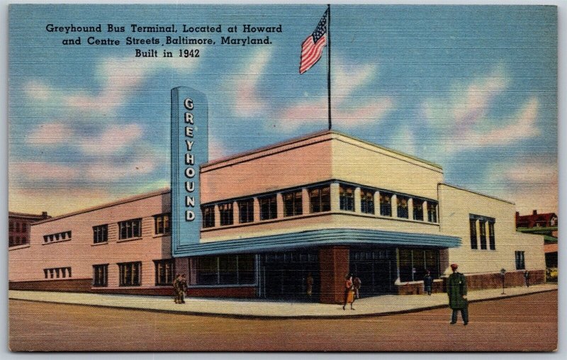 Vtg Baltimore Maryland MD Greyhound Bus Terminal 1940s View Linen Old Postcard