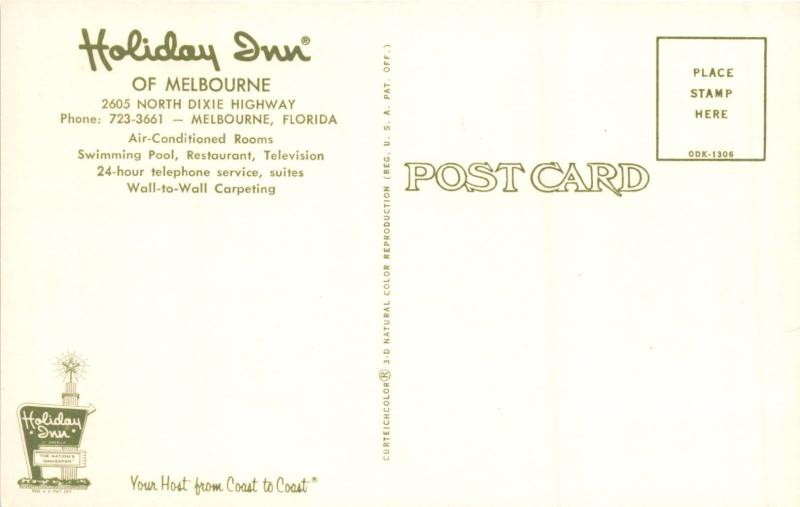 MELBOURNE FLORIDA HOLIDAY INN~NORTH DIXIE HWY~24 HOUR TELEPHONE POSTCARD 1960s