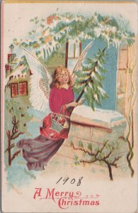 Postcard A Merry Christmas Angel Silk Shirt Carrying Christmas Tree