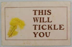 THIS WILL TICKLE YOU Bright Yellow Feather Playful Joke Card Vintage Postcard