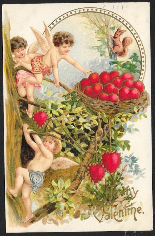 To My Valentine Cupids In Tree & Basket Of Hearts Used c1911