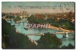 Old Postcard Panorama Paris on the Seine to Notre Dame and quotes