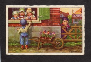 Artist Signed Aurelio Bertiglia Children Wagon Flowers Vintage Postcard