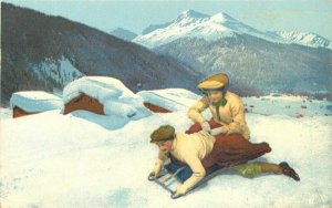 Artist Swiss Alps Children Toboggan Winter Sports 1940s #604 Postcard 21-17