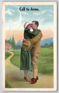 WW1 Romance Call To Arms Soldier Embracing His Lady Postcard Y29