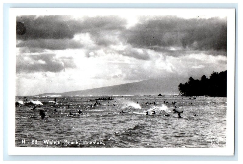 Waikiki Beach Honolulu HI Hawaii Real Photo RPPC Postcard (FH7)