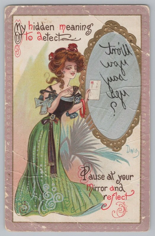 Artist Signed Dwig~Lady w/Backward Msg~Mirror Says Won't You Say Yes~1910 PC